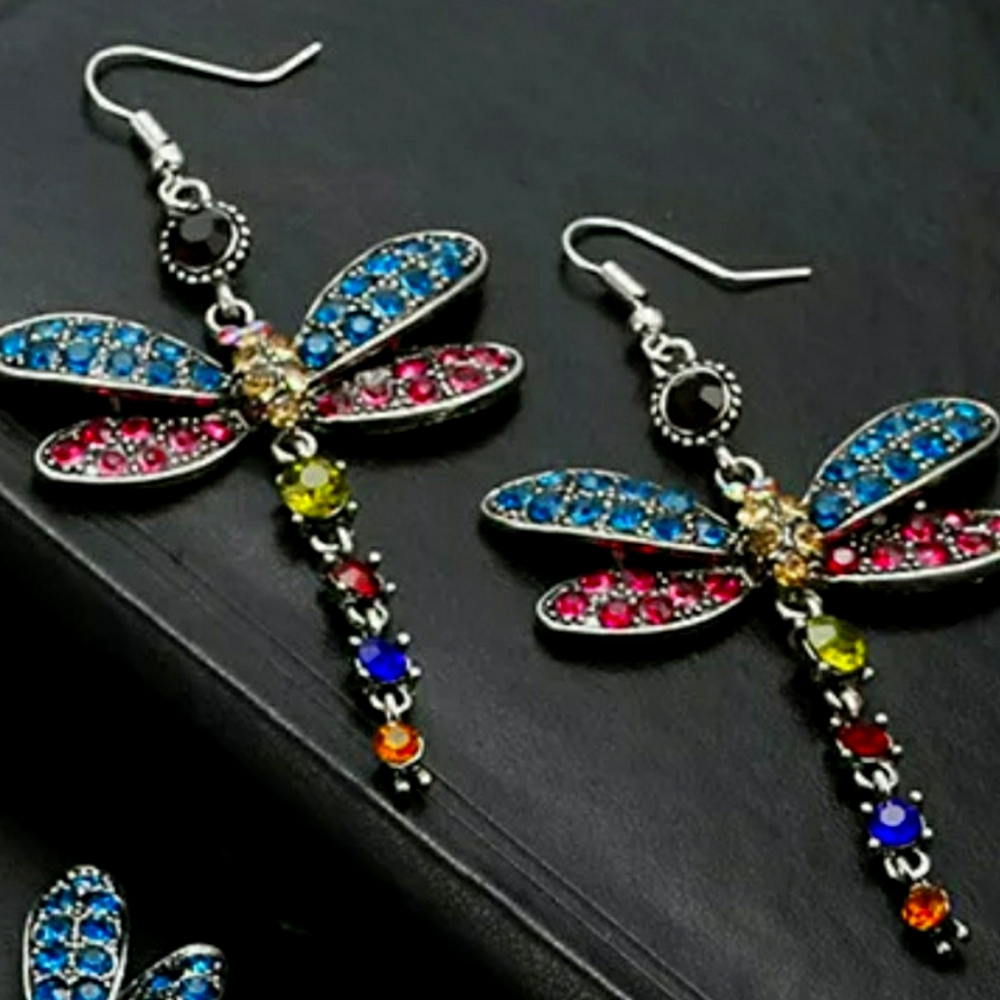 Dragonfly Multucolor Drop Dangle Rhinestone earrings 44mm